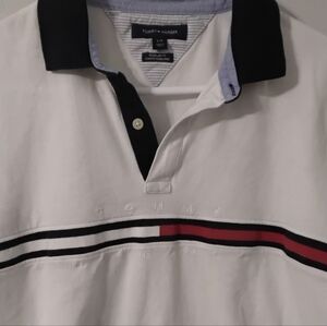 Authentic Tommy Hilfiger White Polo with Black and Red Stripes
